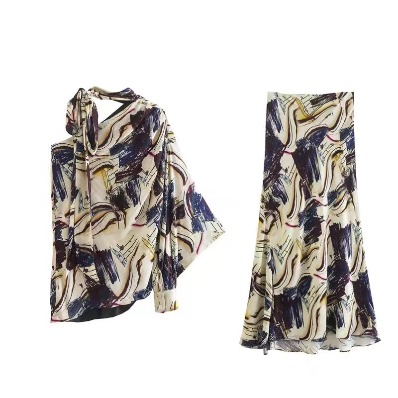Women Elegant Skiet Sets Summer Fashion Asymmetrical One Shoulder Blouse+Mid-Calf Skirts Casual Street Outwear