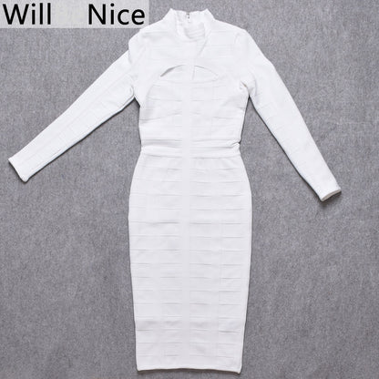Women Bodycon Bandage Dress White Long Sleeve Hollow Out Club Dress Vestidos Celebrity Evening Party Midi Dress