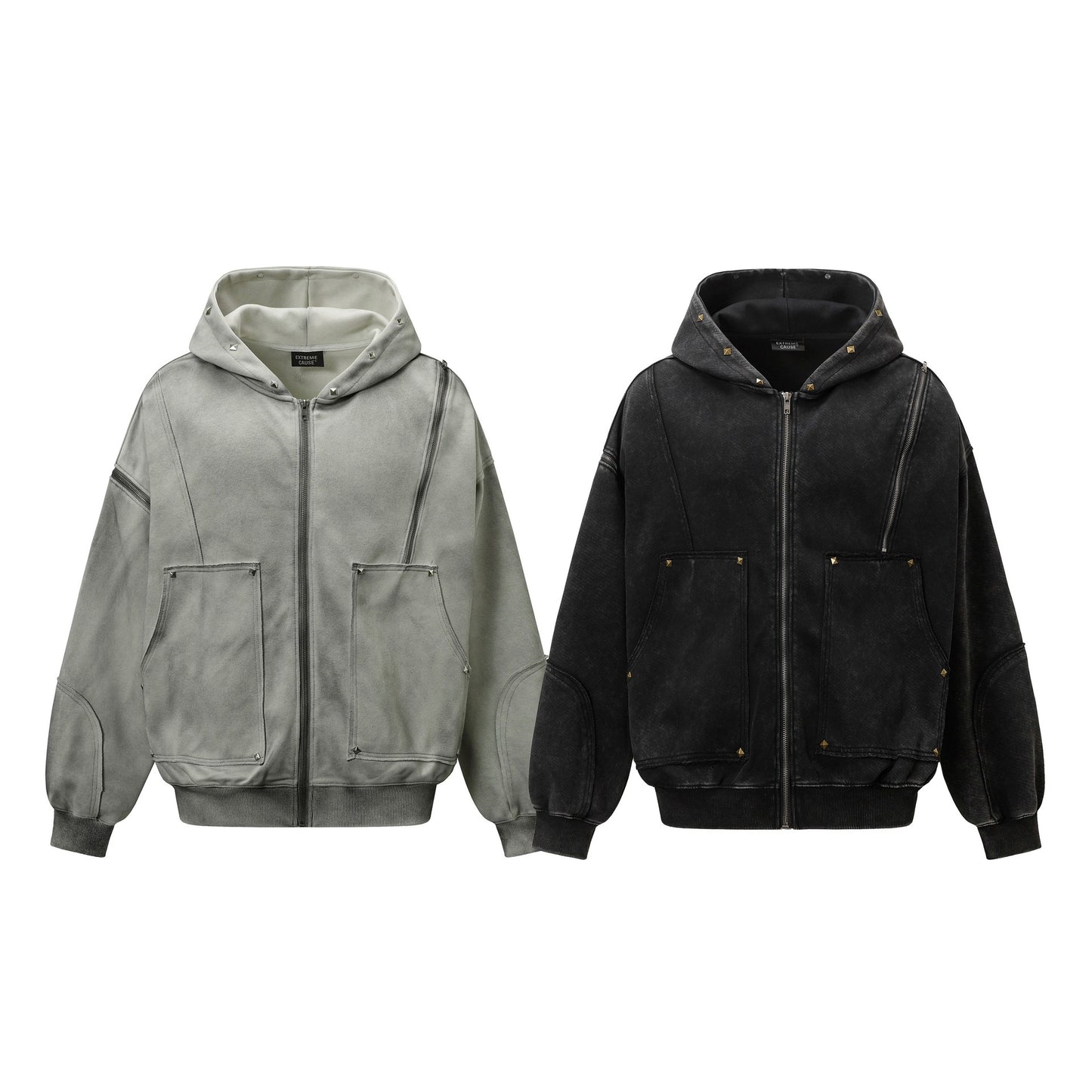 Water washed split rivet hoodie