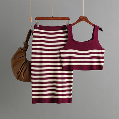 2-delige set midi-rok en crop top met strepen