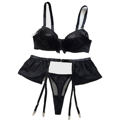 Tassel bra set with mesh and erotic lingerie three piece set for women