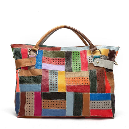 Grote handtas van rundleer met geometrisch print