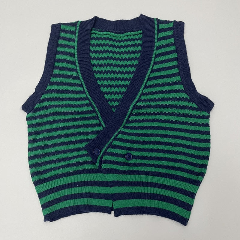 REALEFT Oversize Stripe Women's Vest Sweaters V-Neck New Autumn Winter Vintage Loose Chic Cardigan Vest Sweater Tops Female