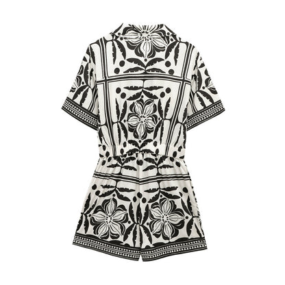 Versatile woven Cuban collar jumpsuit shorts