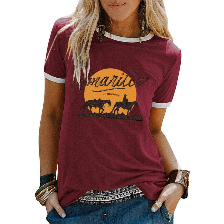 Summer women's amarillo by morning bull head contrasting retro T-shirt short sleeved