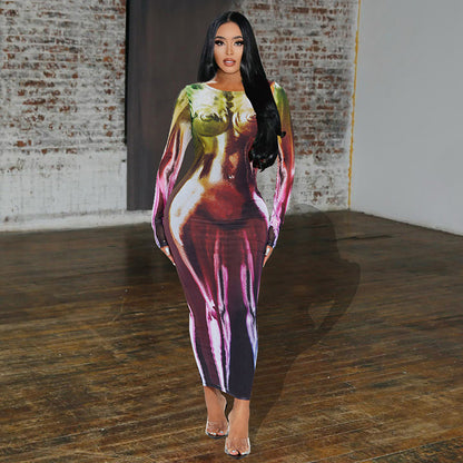 Spring Autumn Fashion Long Sleeve Party Club Streetwear Bodycon Midi Dress