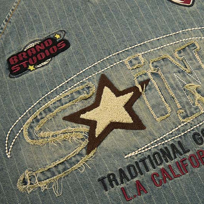Embroidered letters embroidered fabric washed and used denim short sleeves