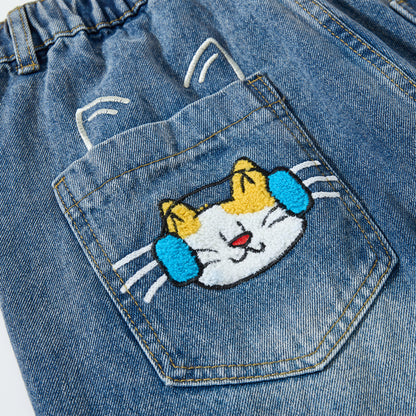 Cargo jeans met elastische taille en geborduurde cartoons