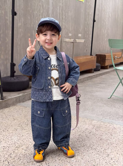 Autumn denim jacket long sleeved three piece set for children