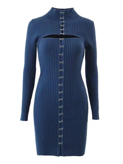 Autumn Winter Fashion Original Design Metal Buckle Knitted Shoulder Sleeve Short Dresses Two-piece Sets Women