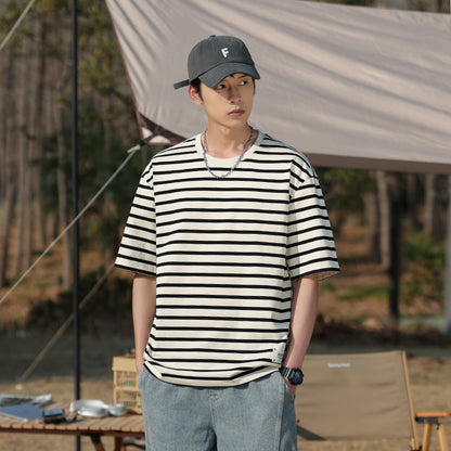 Short sleeved striped T-shirt men's summer new loose fit