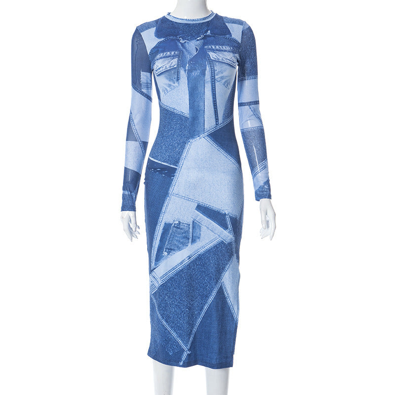 Summer Blue Denim Print Long Sleeve Maxi Dresses Vacation Outfits For Women  Streetwear O Neck Bodycon Long Dress