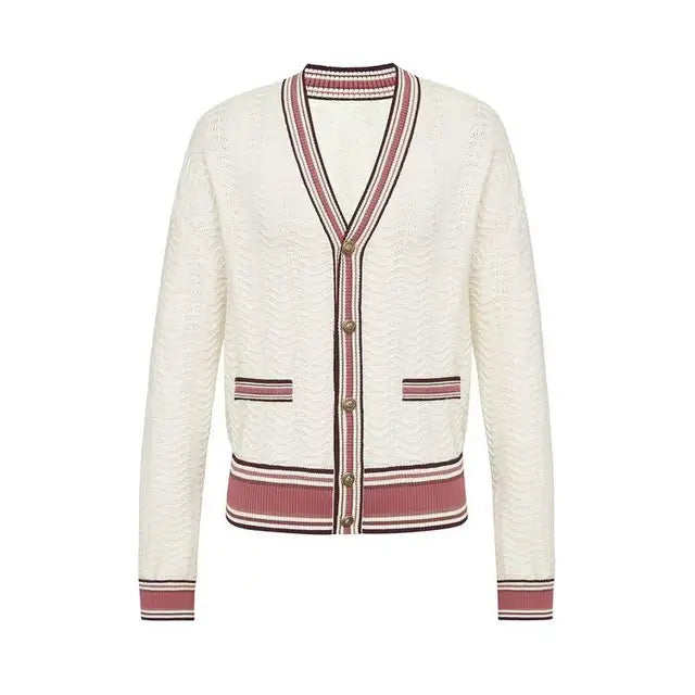 Stylish Striped Knit Sweater Cardigan Women Autumn Winter Long Sleeve V-neck Tops Single-breasted Fashion Vintage Jumpers