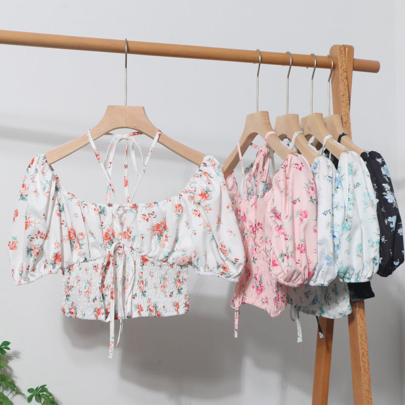Hanging neck tie floral top