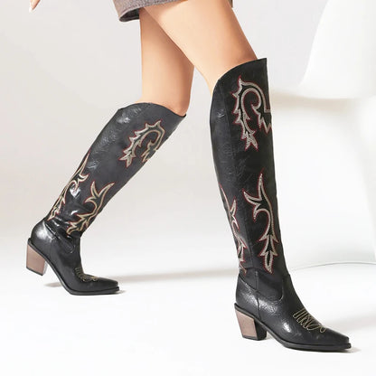 Western overknee vegan leren cowboylaarzen met spitse neus print en strass