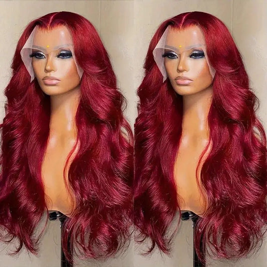 Lang krullend wijnrode synthetische lace wig