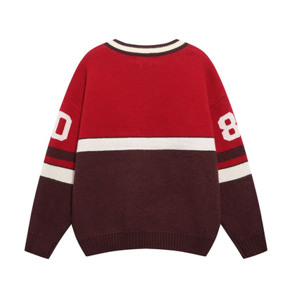 Color blocked letter embroidery V-neck sweater