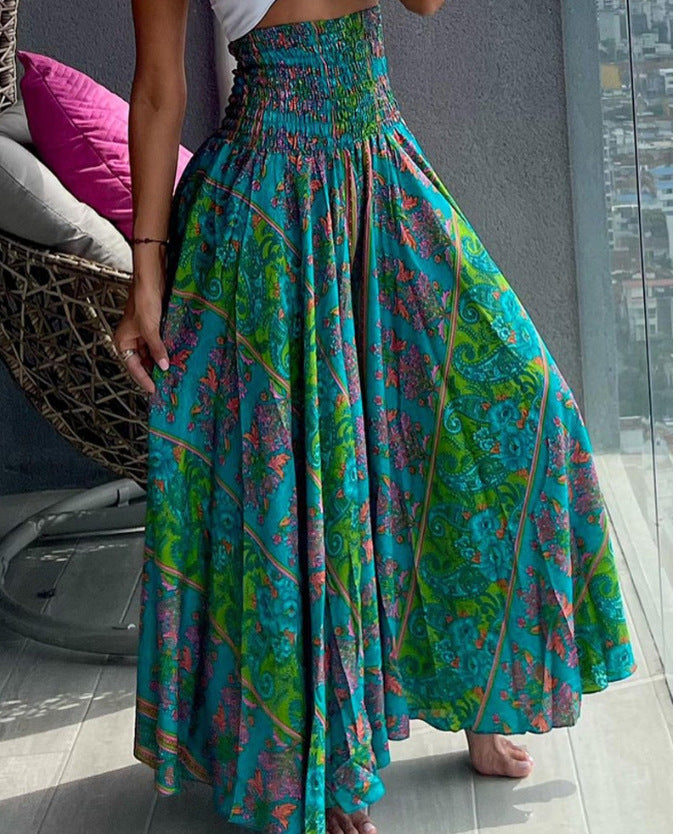 Women's Long Skirt Beach Boho Print Skirts for Women  Summer Casual Elastic High Waist Big Swing Maxi Skirts Vacation Robe