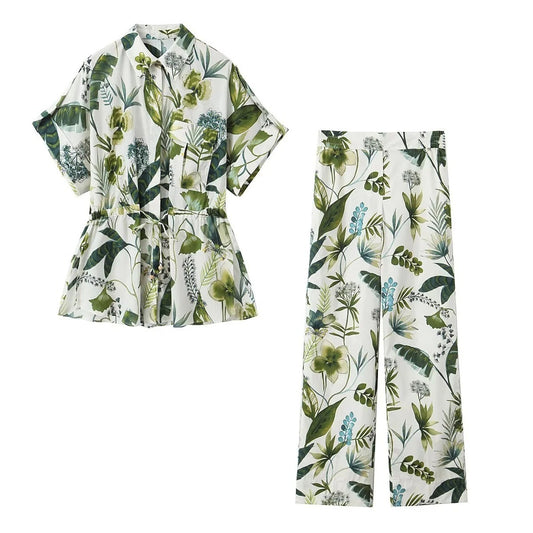 Women's Printed Shirt + Straight Leg Pants Set