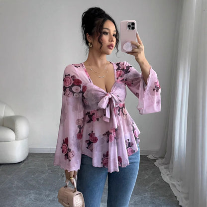 Sweet Floral Ombre Tie-Back Square Neck Long Sleeve Blouse