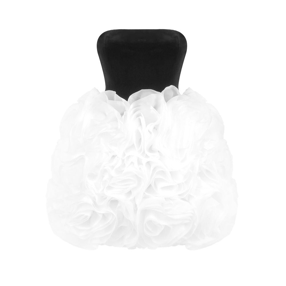 Strapless mini-jurk met een opvallende volumineuze witte rok met gelaagde 3D-bloemapplicaties