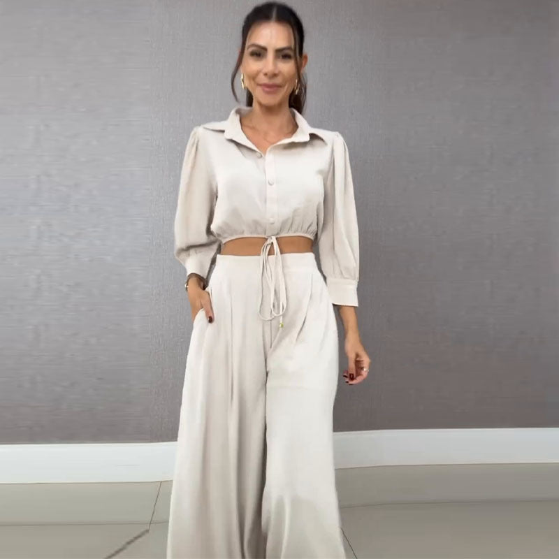 Drawstring Short Shirt Wide Leg Pants Set