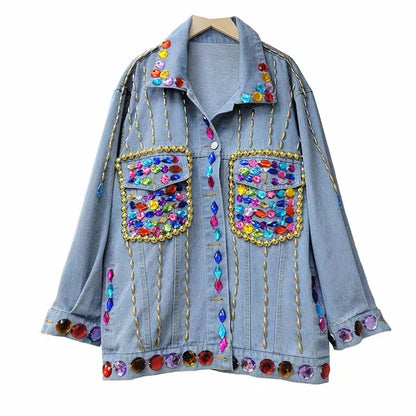 Hoogwaardige Kralen Regenboog Diamant Klinknagel Pailletten Designer Denimjack