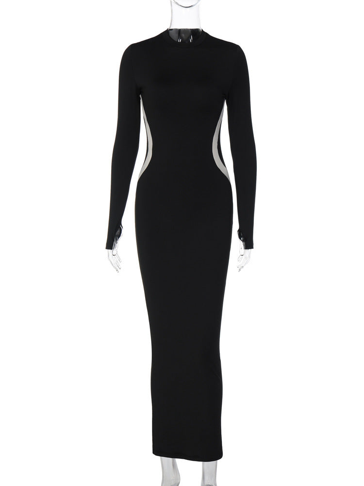 Elegante sexy zwarte maxi-jurk met patchwork ronde hals en lange mouwen