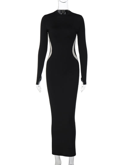 Elegante sexy zwarte maxi-jurk met patchwork ronde hals en lange mouwen
