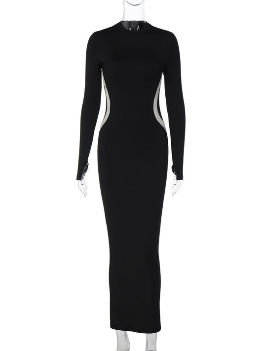 Elegante sexy zwarte maxi-jurk met patchwork ronde hals en lange mouwen