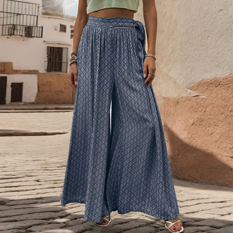 New European and American summer women's clothing ethnic style printed wide leg pants with large horns