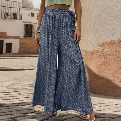 New European and American summer women's clothing ethnic style printed wide leg pants with large horns