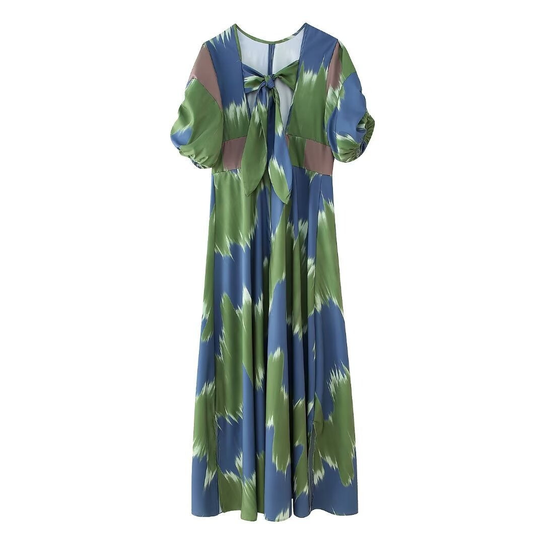 European and American summer new fashionable style round neck bubble sleeves backless waist cinched mid length dress