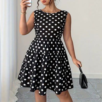 Plus size retro mouwloze jurkje  met parels stippenprint en strik