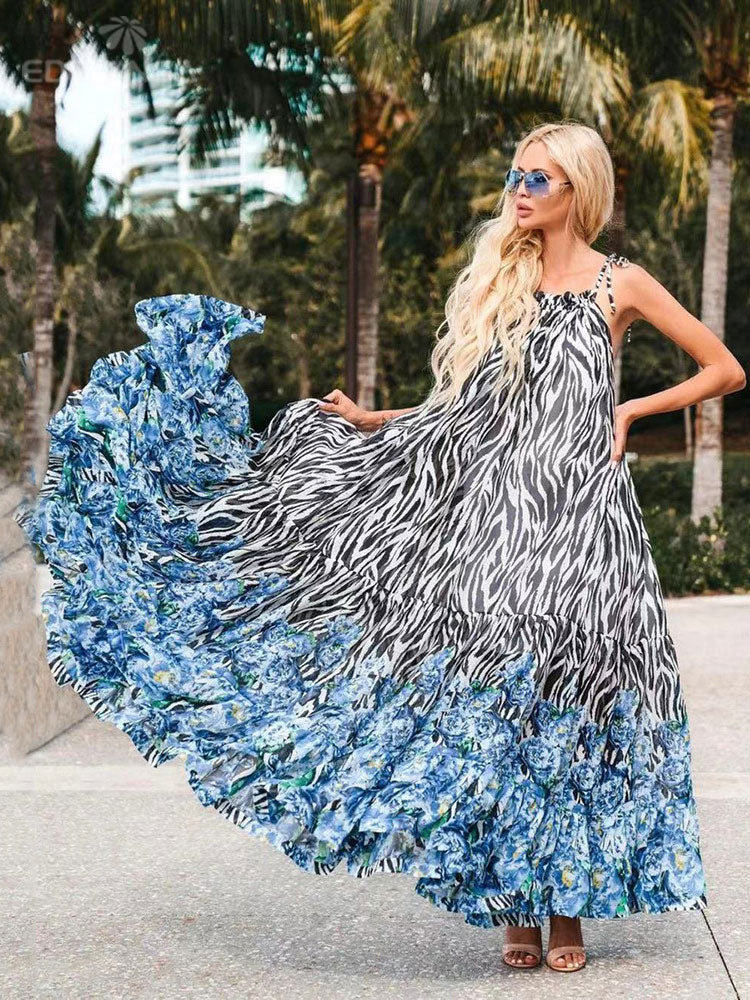 Casual Printed Loose Large Hem Dress Sexy Sleeveless Lady Beach Maxi Dress Summer Fashion Elegant Boho Dresses