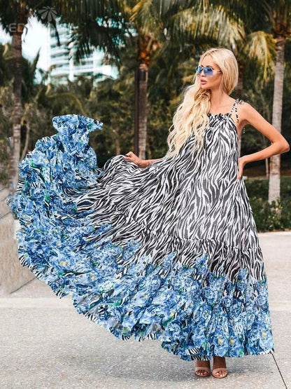 Casual Printed Loose Large Hem Dress Sexy Sleeveless Lady Beach Maxi Dress Summer Fashion Elegant Boho Dresses