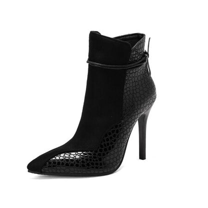 Sexy Autumn and Winter Leopard Print Colorblock Lace Up Stiletto Pointed Toe Ladies Short Boots
