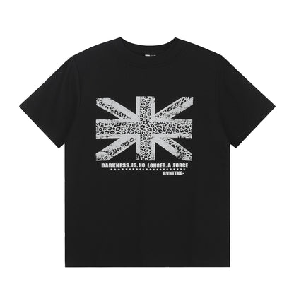 Leopard Print Union Jack Pattern Short Sleeve T-Shirt Retro Loose Fashion Unisex Top