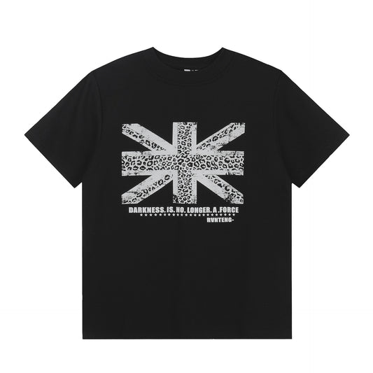 Leopard Print Union Jack Pattern Short Sleeve T-Shirt Retro Loose Fashion Unisex Top