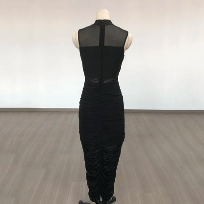 Celebrity Party Dresses For Women Sexy See Through Mesh Patchwork Bodycon Black Bandage Draped Stretch Dress