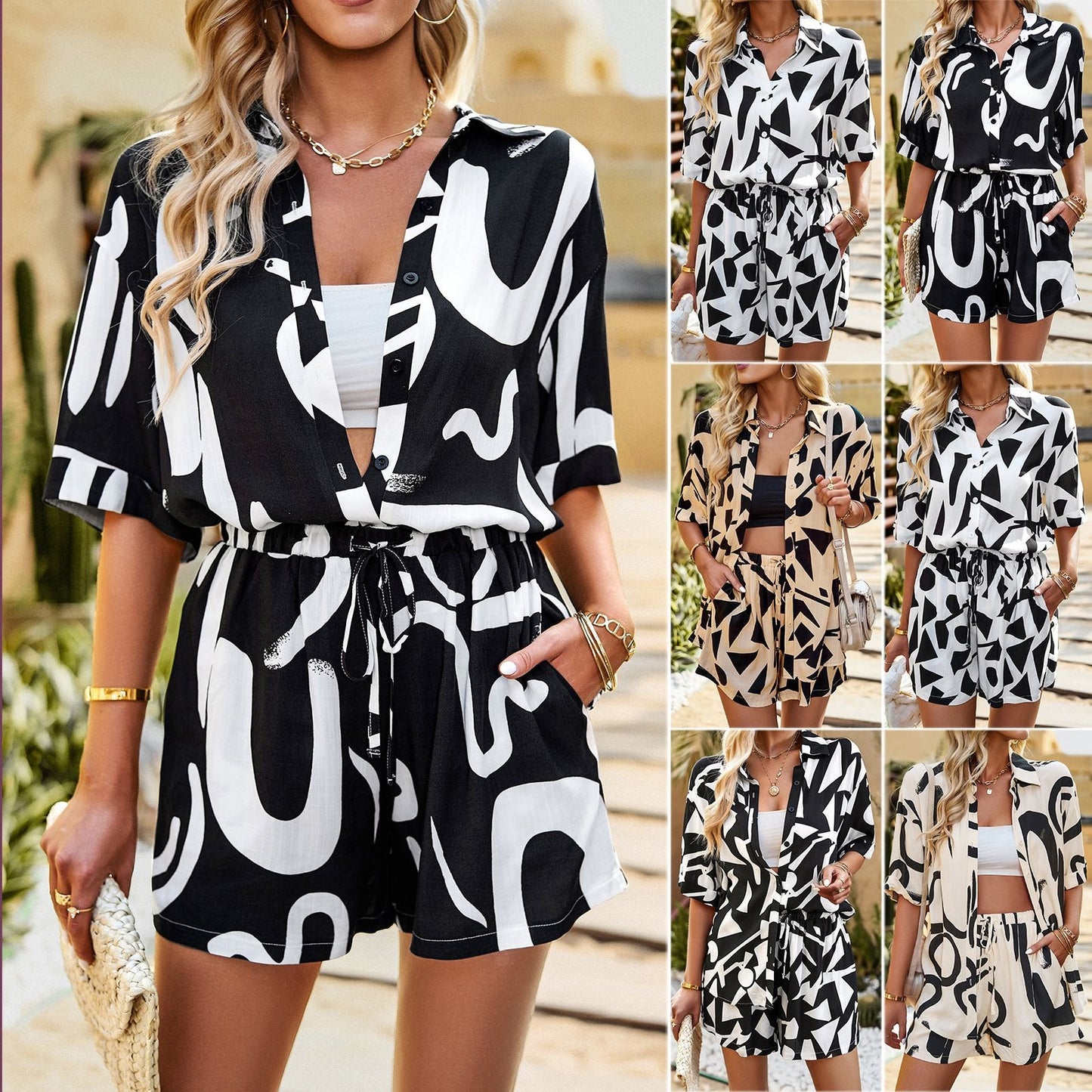European and American fashion print set, women's summer loose casual shirt and shorts two-piece set