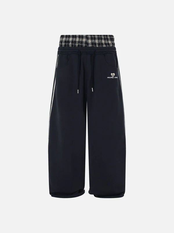 Y2K retro street double waistband plaid spliced hoodie pants casual loose straight-leg pants sport pants ins