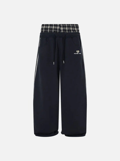 Y2K retro street double waistband plaid spliced hoodie pants casual loose straight-leg pants sport pants ins