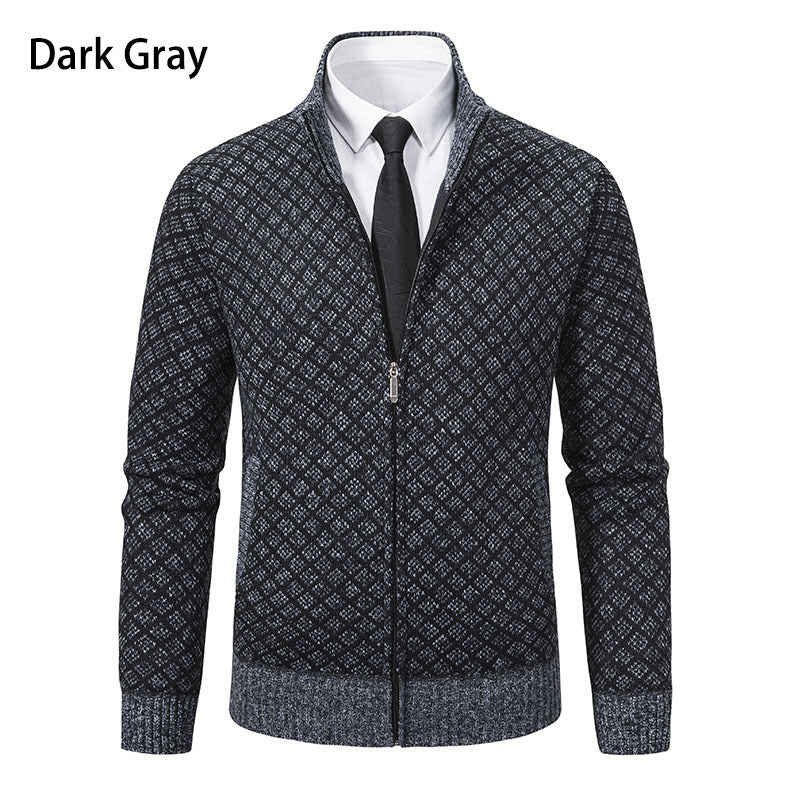 Velvet thickened casual stand up collar hooded zipper knitted jacket