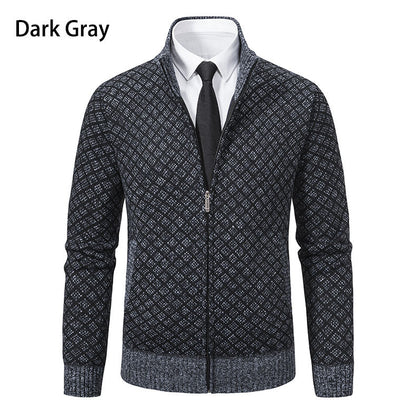 Velvet thickened casual stand up collar hooded zipper knitted jacket