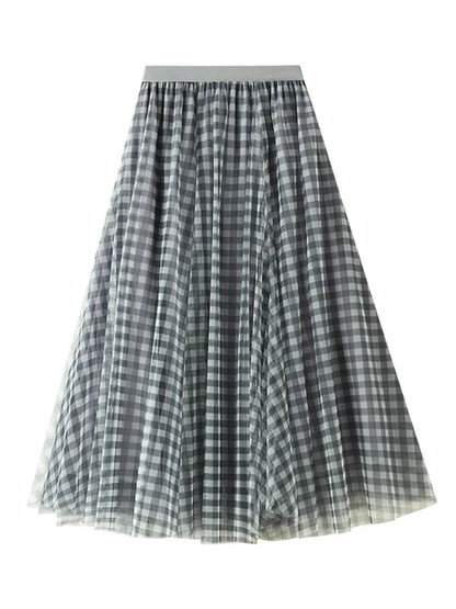 Qooth Women Patchwork Plaid Mesh Skirt Vintage High Waist Long Tulle A-line Skirt For Spring Summer