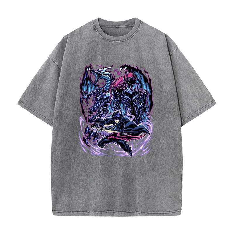 Summer New Anime Solo Leveling Printed T-Shirt Summer Cotton Washed Vintage Short Sleeve