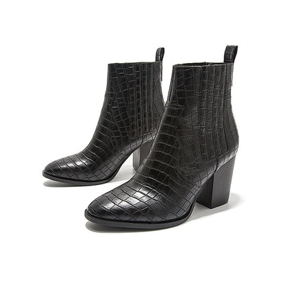 Autumn and Winter New Fashion Short Boots Thick Heels High Heels Crocodile Pattern Women's Leather Martin Boots