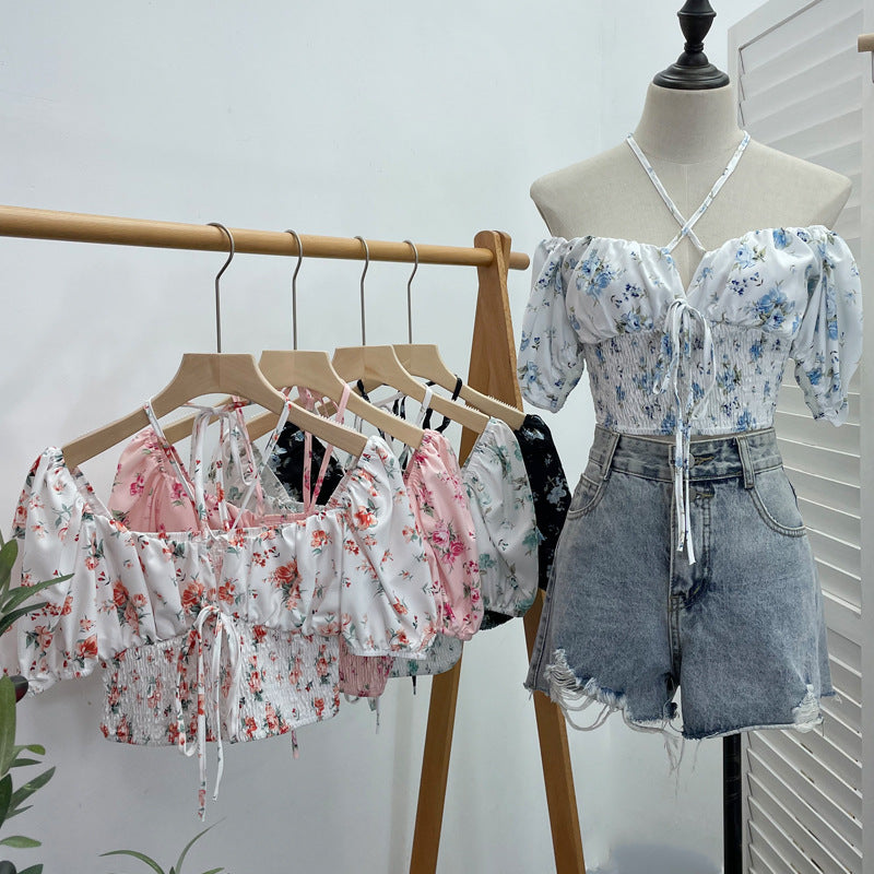 Hanging neck tie floral top
