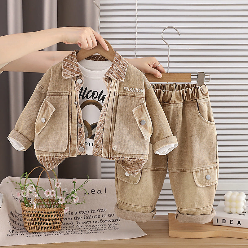 Autumn denim jacket long sleeved three piece set for children